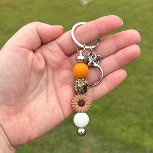 Handmade Silicone Floral Beaded Keychain - Orange, Brown, White